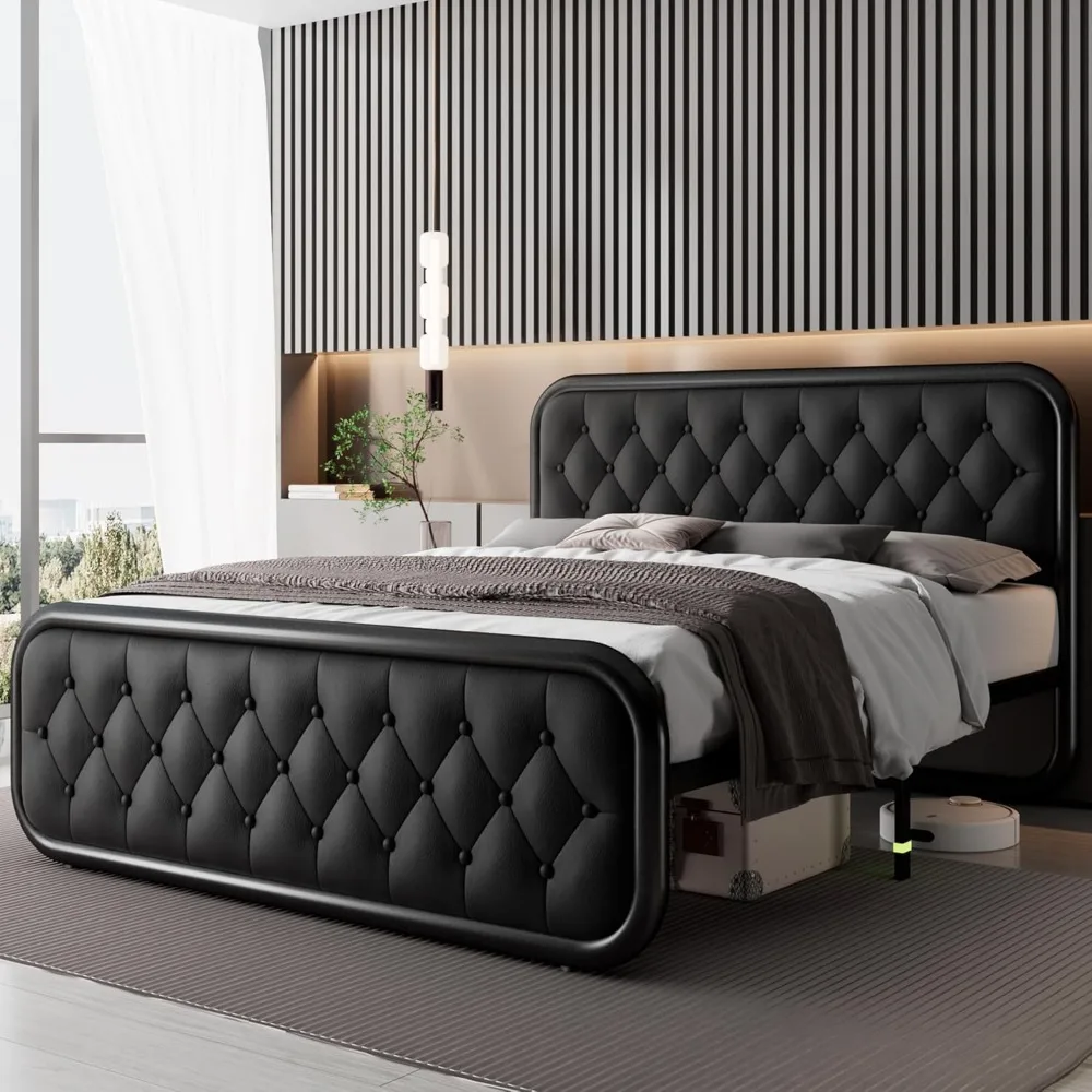 Feonase Queensize bedframe, zwaar bedframe met kunstleren hoofdeinde, gestoffeerd platformbed met sterke metalen latten