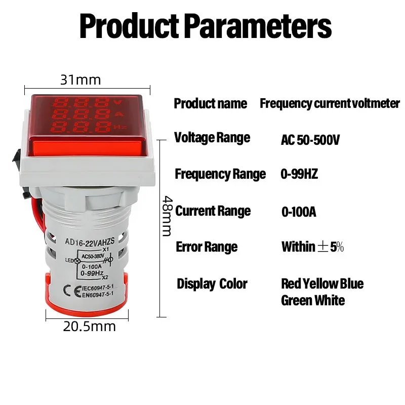 AC Square Voltage Current Hertz Digital Three-display Meter LED Voltmeter Ammeter HZ Signal Lights Indicator Tester Detector AMP