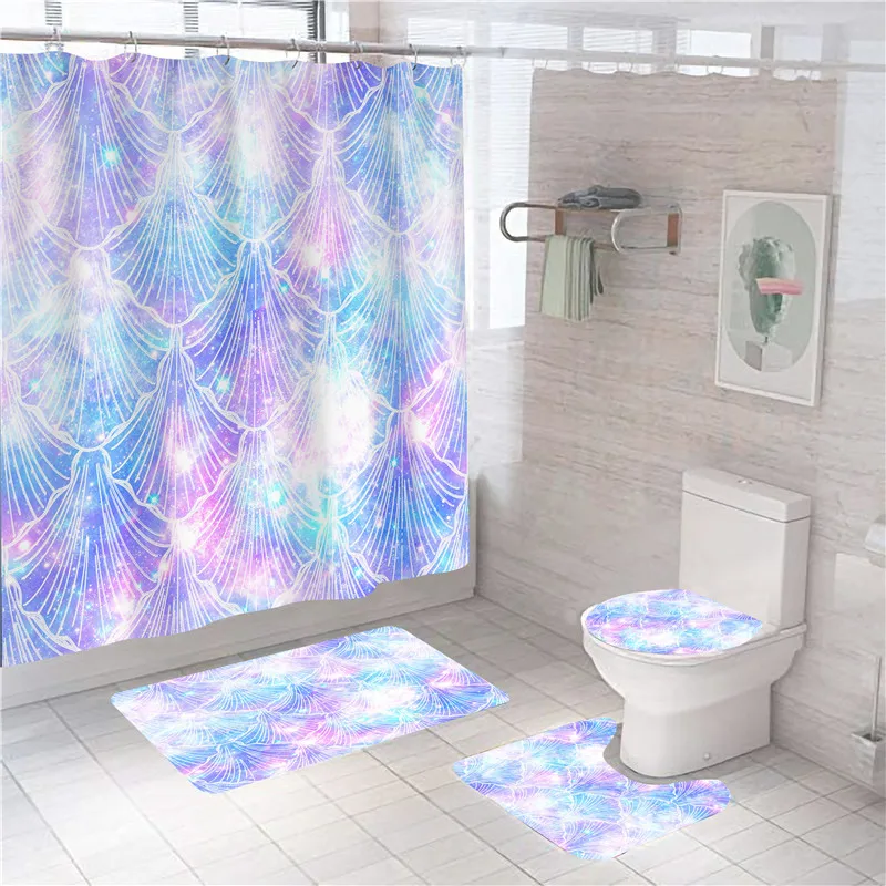 

Colorful Scallop Shower Curtain Set With Rugs Geometric Long Fabric Shower Curtain Liner Waterproof Polyester Carpet Toilet Rug