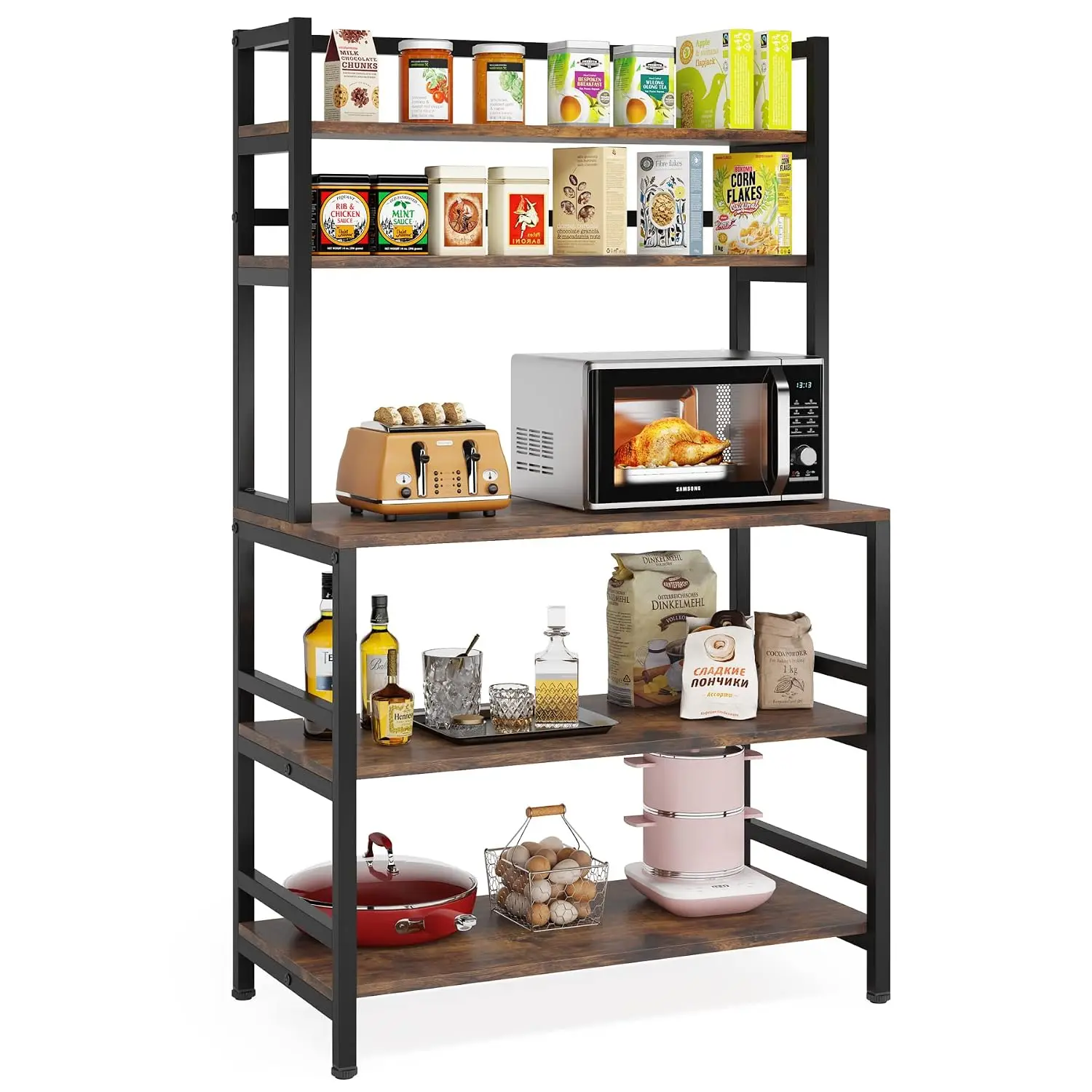5-Tier Kitchen Bakers Rack with Hutch, Industrial Microwave Oven Stand, Free Standing Kitchen Utility Cart Storage Shelf Organiz