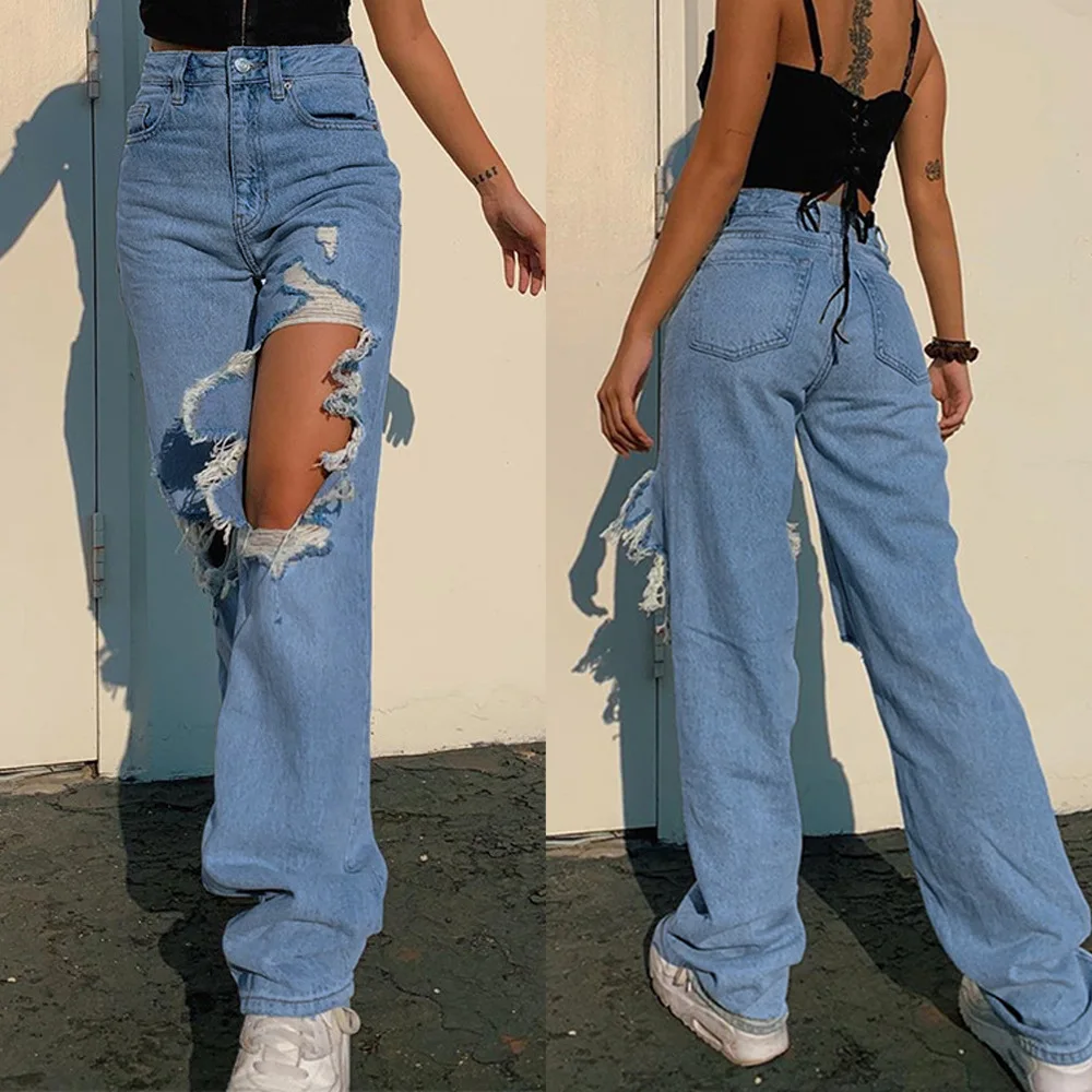 

New Spring and Summer Fashion High-waisted Wide-leg Jeans. Ladies' Personality Washed Ripped Casual, Versatile Loose Long Jeans