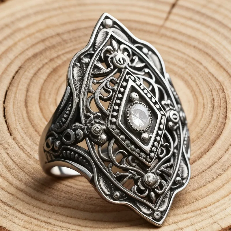 2026 New Eco-Friendly Alloy Ring - Retro Carved Bohemian Ethnic Style Rhombus Band Women's Fashion Jewelry Accessory