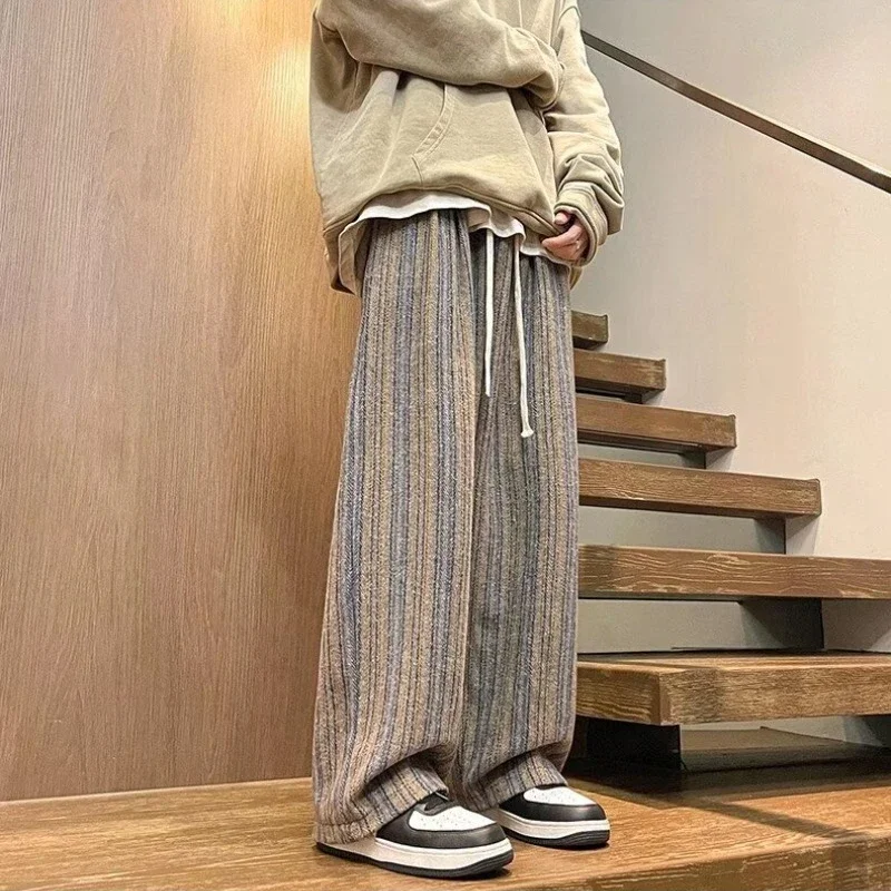 Korean Style Casual Pants Men Autumn and Winter Striped American Fashion High Street Loose Straight Full Length Trouser Male