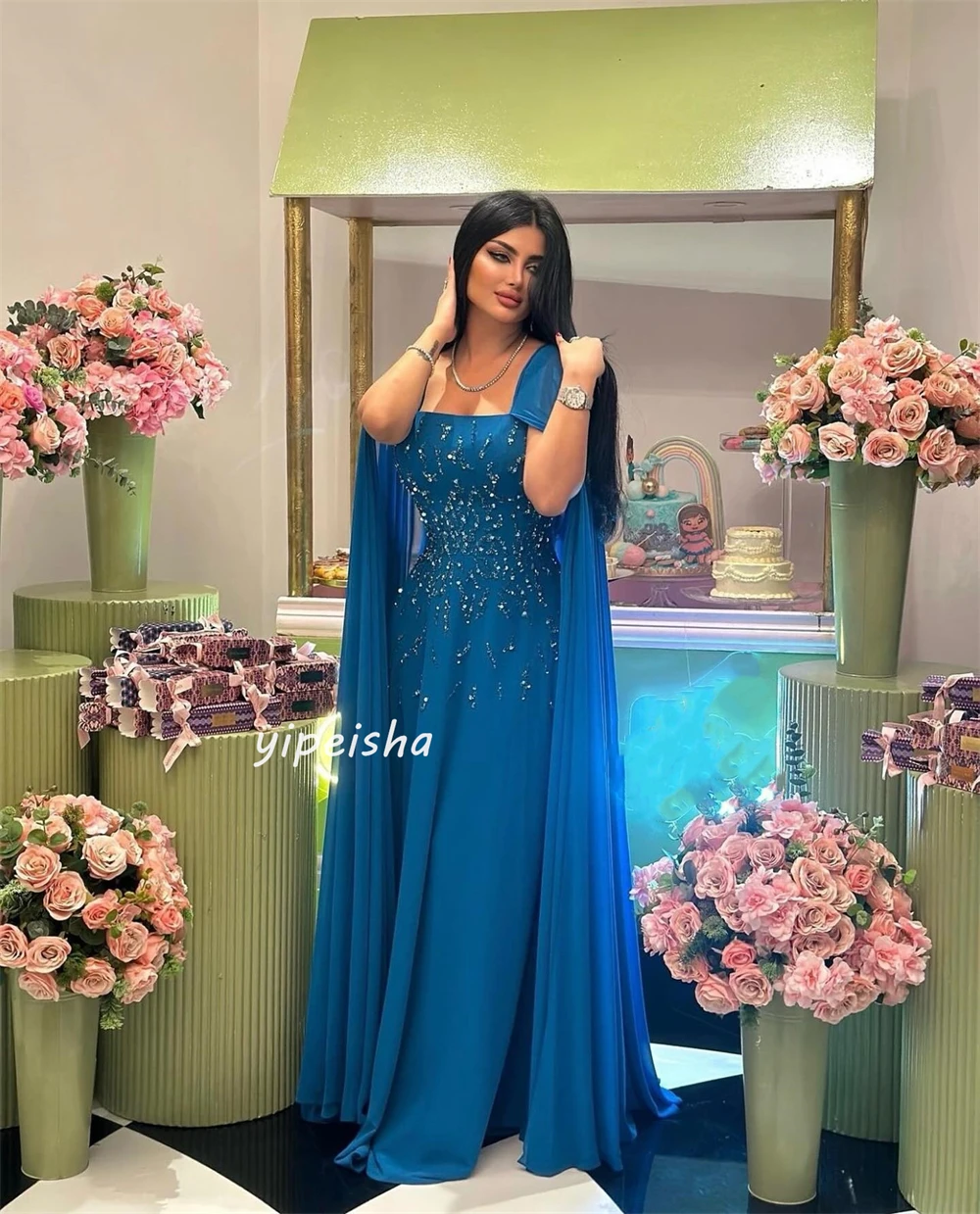 Exquisite Sparkle Customized Jersey Sequined Beading Ruched Clubbing A-line Square Neck Bespoke Occasion Gown Long Dresses