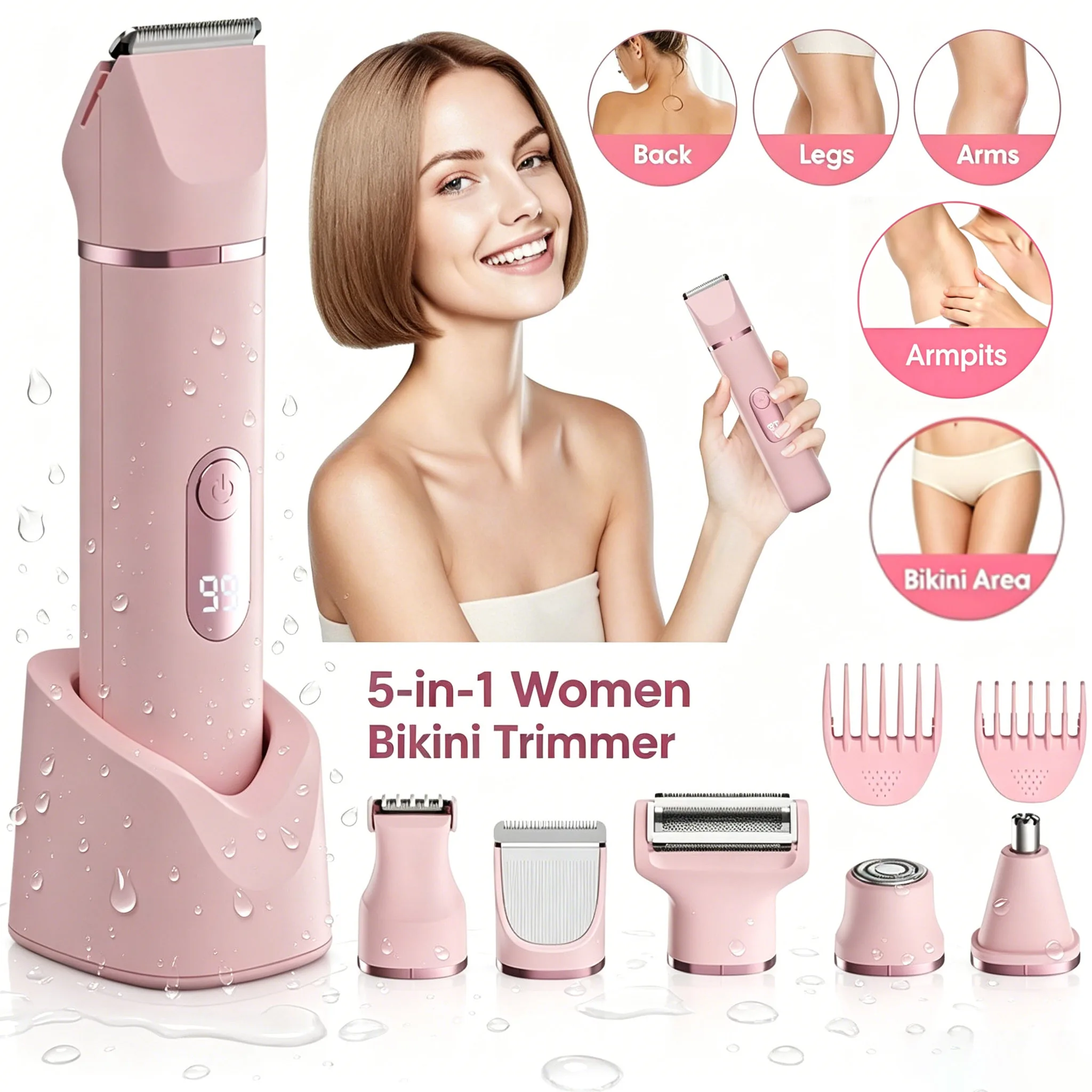 5-in-1 Elektrischer Rasierer für Frauen, IPX7 Wasserdichter Nass- und Trockenrasierer, Körper-Epilierer mit Ladestation und Digitalanzeige, für Beine, Achseln, Bikinizone und Intimbereich,