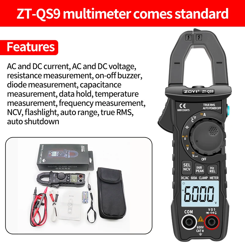 ZT-QS9 Digital Clamp Meter 600A Current True RMS Smart Plier ammeter Auto Rang 6000 Multimeter DC AC Voltage Hz Ohm NCV Tester