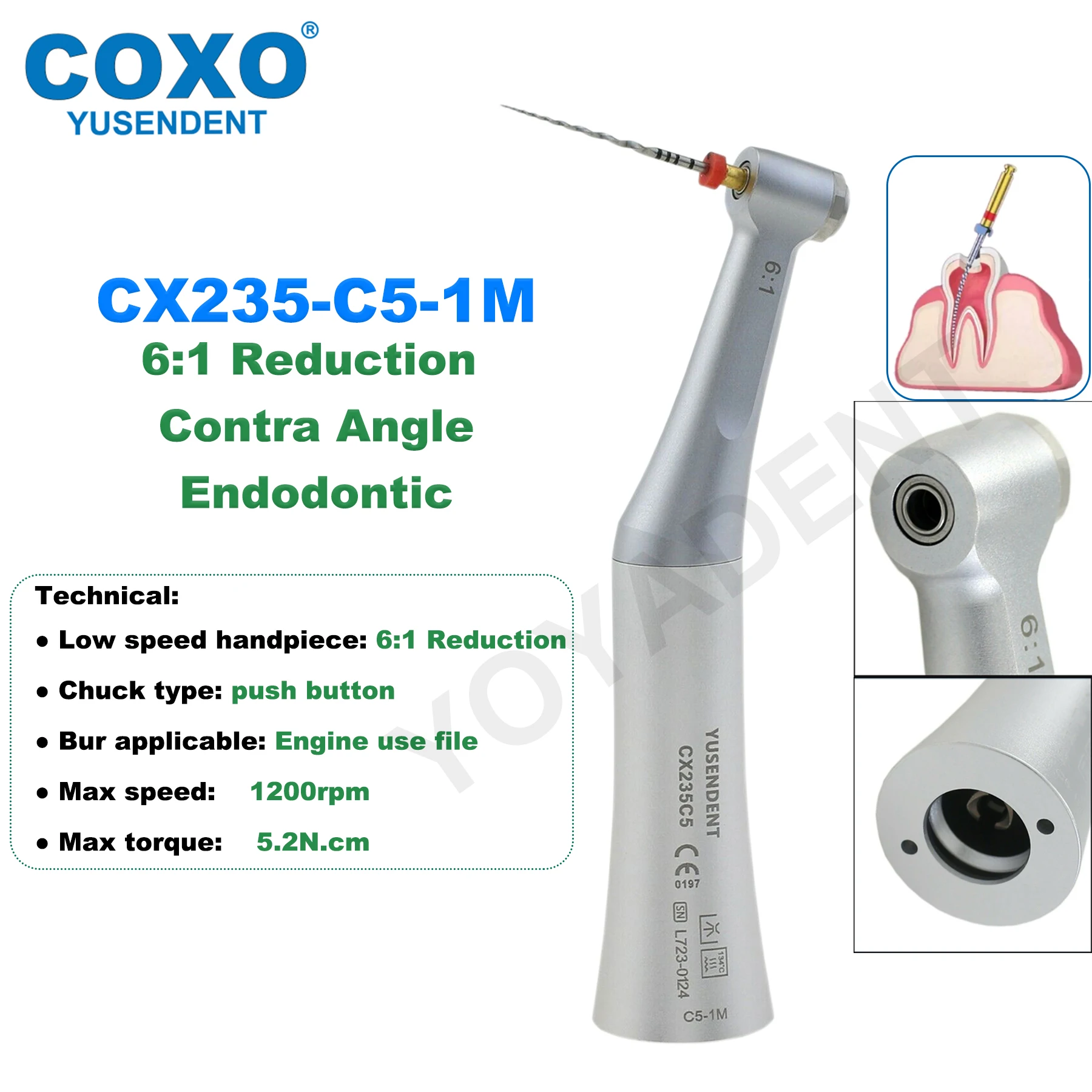 

COXO Dental 6:1 Reduction Endodontic Contra Angle Handpiece Engine use file E Type Fit DENTSPLY SIRONA VDW NSK