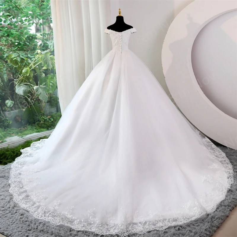 Customized Plus Size Vestido De Noiva Off Shoulder White Wedding Dress Long Train or Floor Appliqes Bridal Gown Real Mariage