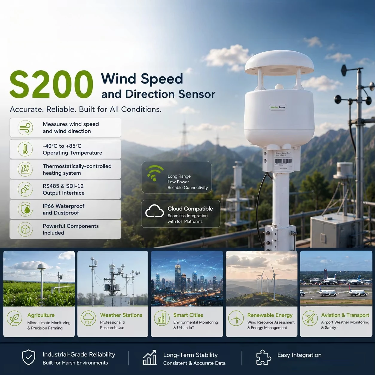 S200 Ultrasonic Weather Sensor Measures Wind Speed & Direction IP66 for Outdoor Agriculture Smart City Harsh Environment