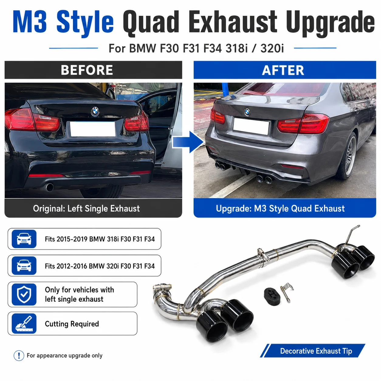 Passend für BMW F30 F31 F34 318i 320i 2012-2016 M3 Style Quad-Auspuffblenden Upgrade-Kit, Umbau von linksseitigem Einzelauspuff auf doppelseitigen 4-Auslass-Auspuff
