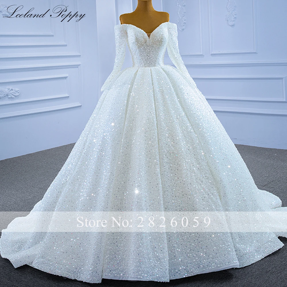 Lceland Poppy Luxury Women's Ball Gown Beading Lace Wedding Dresses Floor Length VNeck Long Sleeves Bridal Gowns