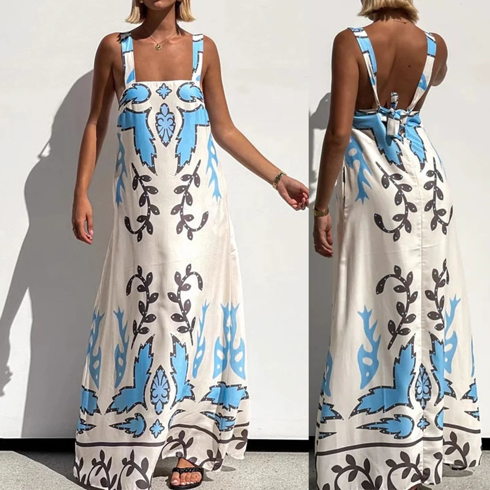 Combhasaki feminino verão estético floral impressão sem mangas pescoço quadrado arco amarrado sem costas solto a linha praia boho tanque vestido longo
