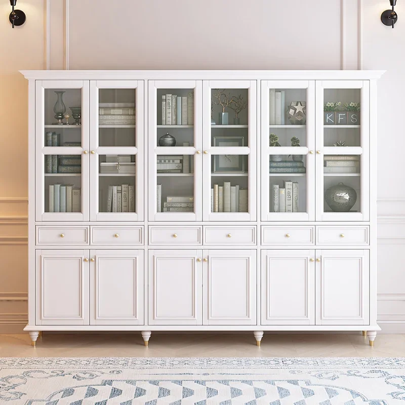 American light luxury ivory white solid wood glass bookcase, locker integrated against the wall