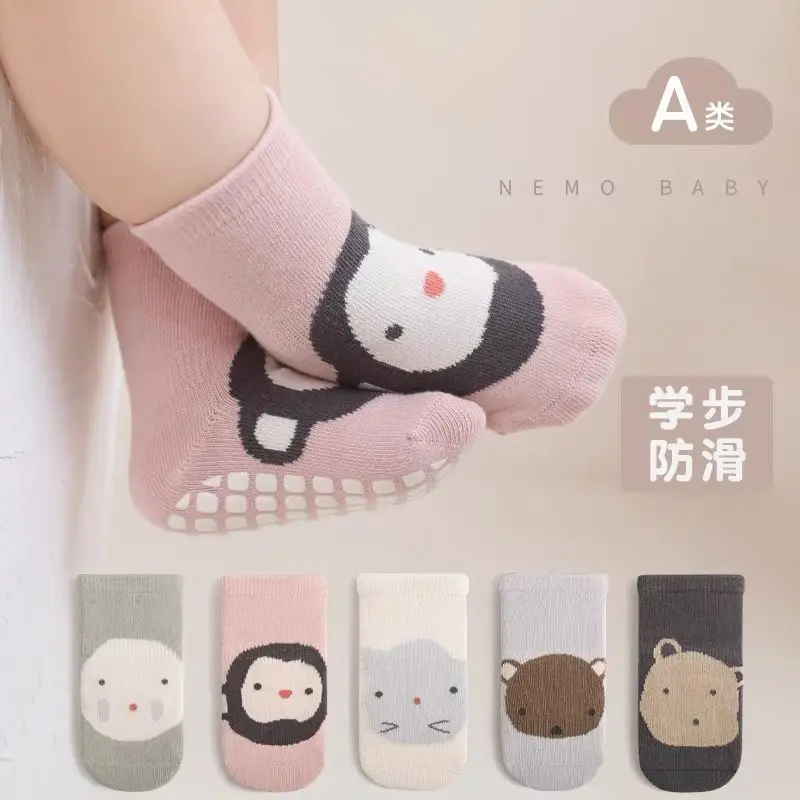 5 Pairs Baby Socks Spring Autumn Pure Cotton Cartoon Animals Mid Tube Full Bottom Anti Slip Newborn Baby Learn Walk Socks