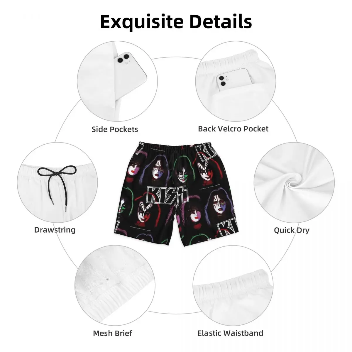 Summer Board Shorts Mens Kiss Band Group Surfing Rock Band Design Beach Short Pants Casual Comfortable Swimming Trunks Plus Size