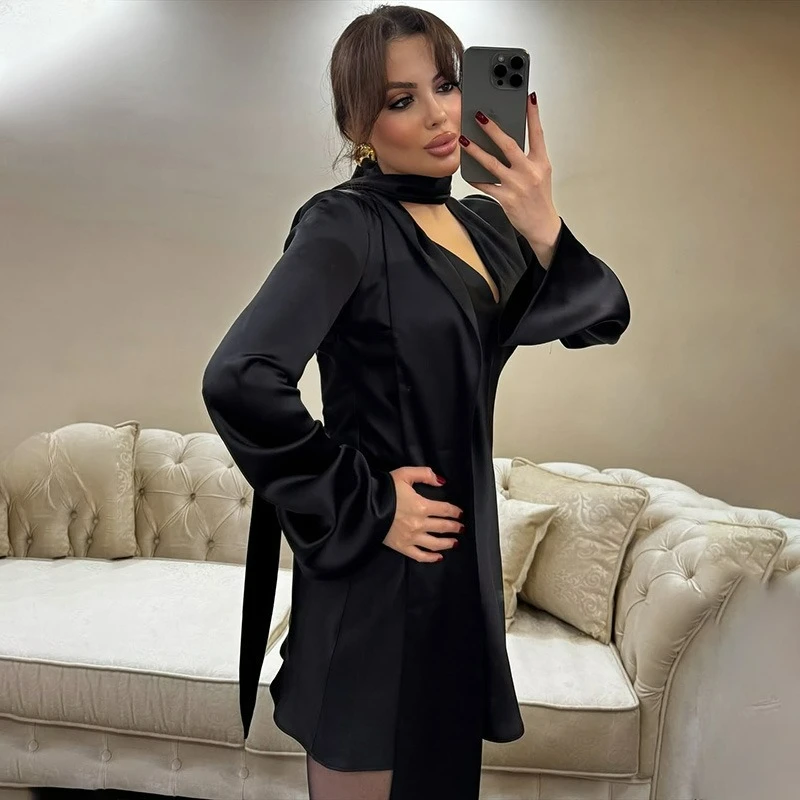 Ticketsx Fashion Satin Scarf Dress Women Solid V Neck Patchwork Lace Up Slim Dress Elegant Female Commuter High Street Vestidos