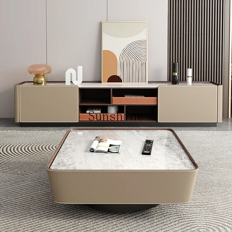 Italian light luxury saddle leather coffee table living room small apartment modern and simple  FT