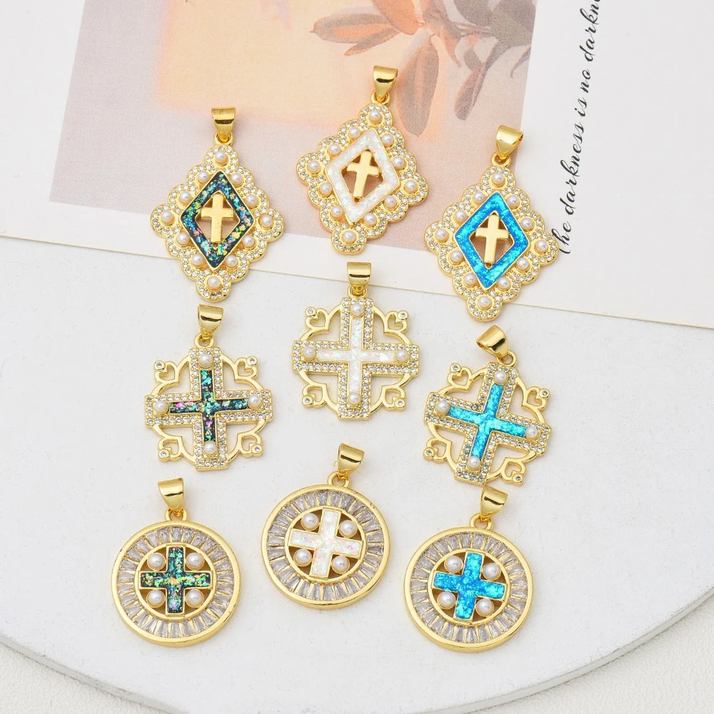 

1 Pcs Opal Copper Plated Cross Pendant for DIY Necklace Jewelry Making Accessories Inlay Pearl Zircon Round Diamond Hollow Charm