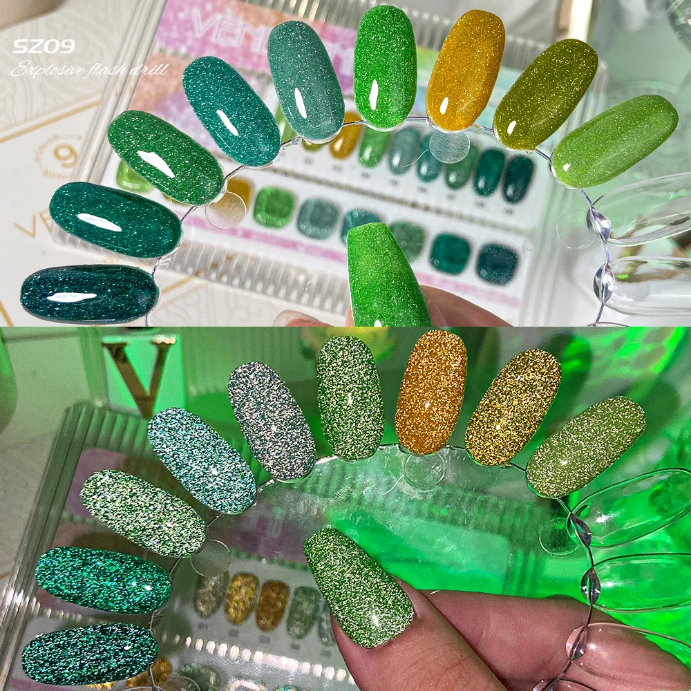 Vendeeni 15Ml 9 Kleur/Set Glitter Groen Gebroken Diamantgel Nagellak Weken Van Uv Led Flash Bos Groene Nail Art Lak