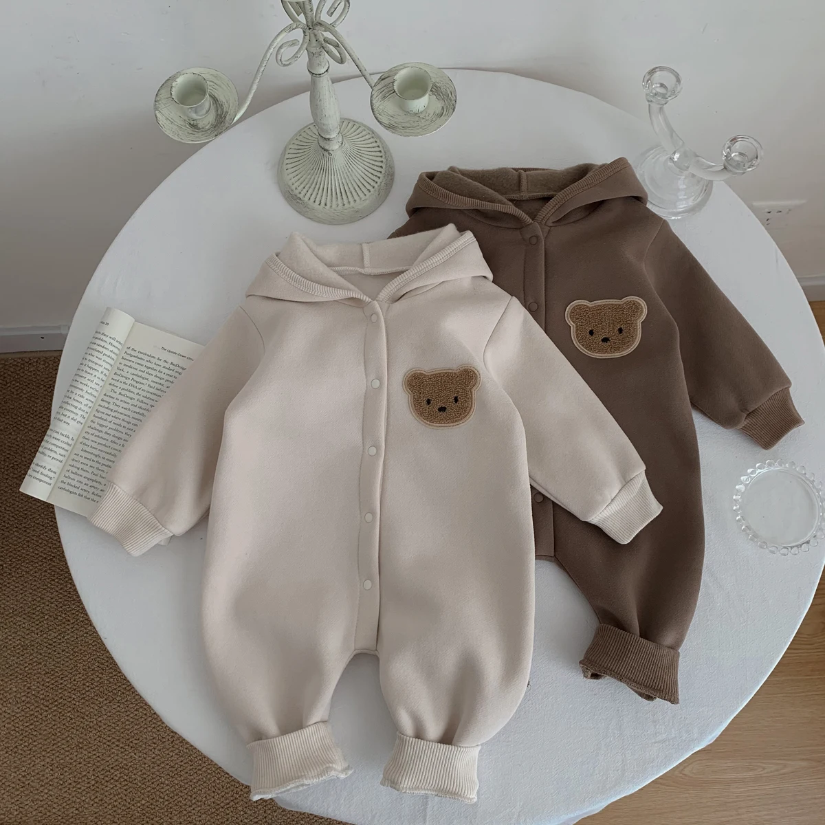 Ready Stock Newborn Baby Clothes Winter Baby Jumpsuit Bear Cute Hooded Baby Bodysuit Warm 0-2 Years Old