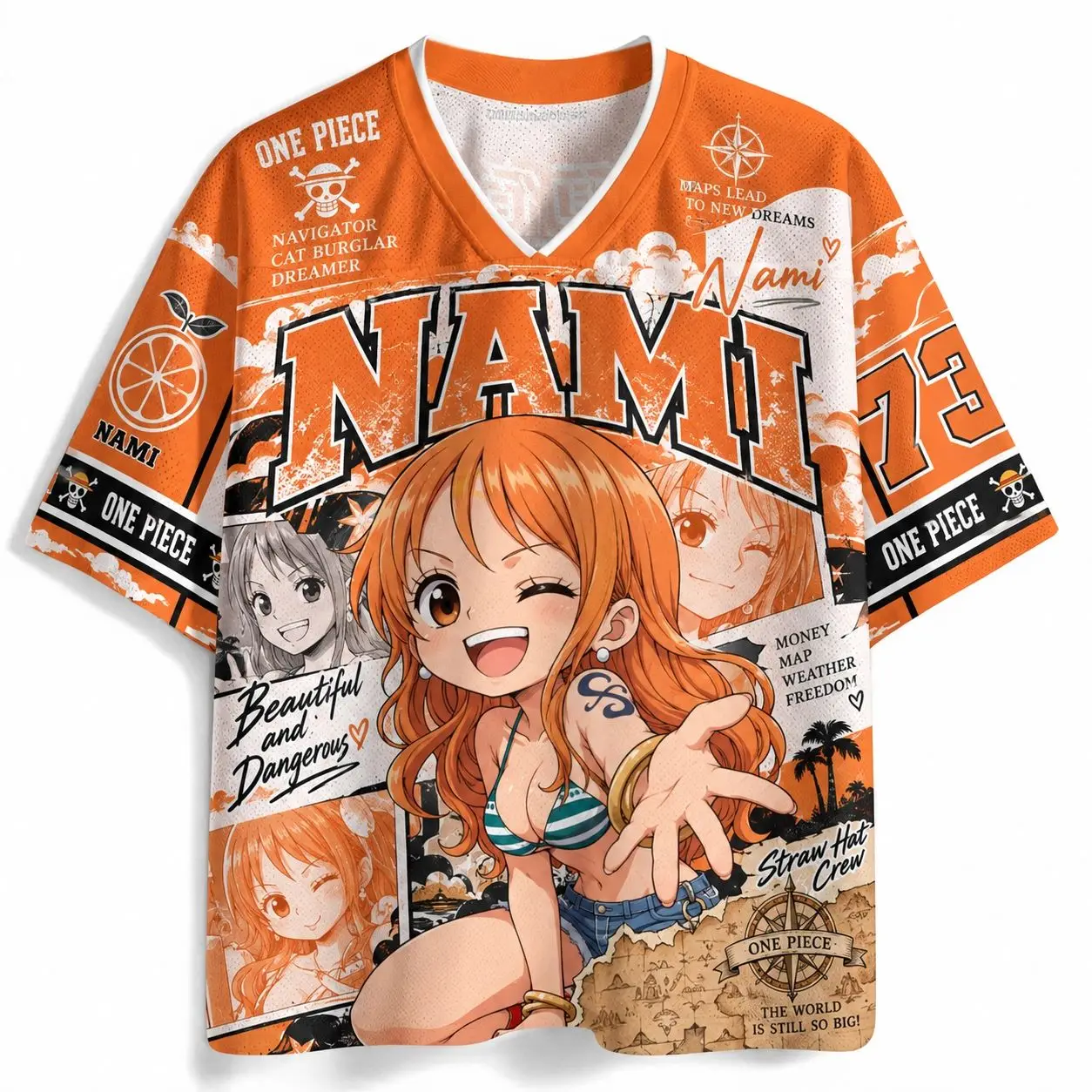 One Piece Wang Nami Mesh Shirt Men's and Women's T-shirt Three Swords Style Retro Anime Street Dress Loose Cosplay