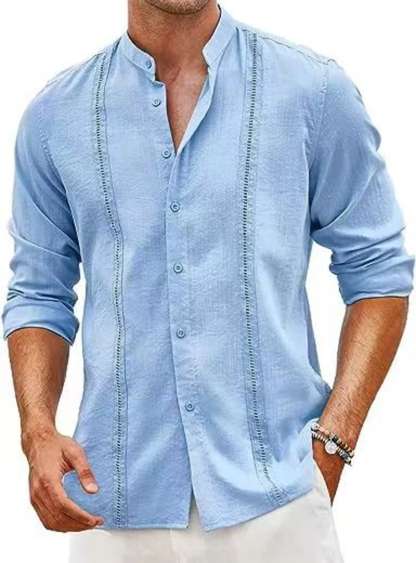 Autumn new cotton and linen blend men\'s casual slim stand collar single breasted business long sleeve shirt