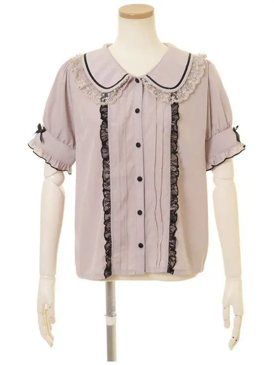 Sweet  Knot Lace Blouse with Letter Print Short Sleeve Polyester Fabric Japanese Style Spring Collection Women's Shirt