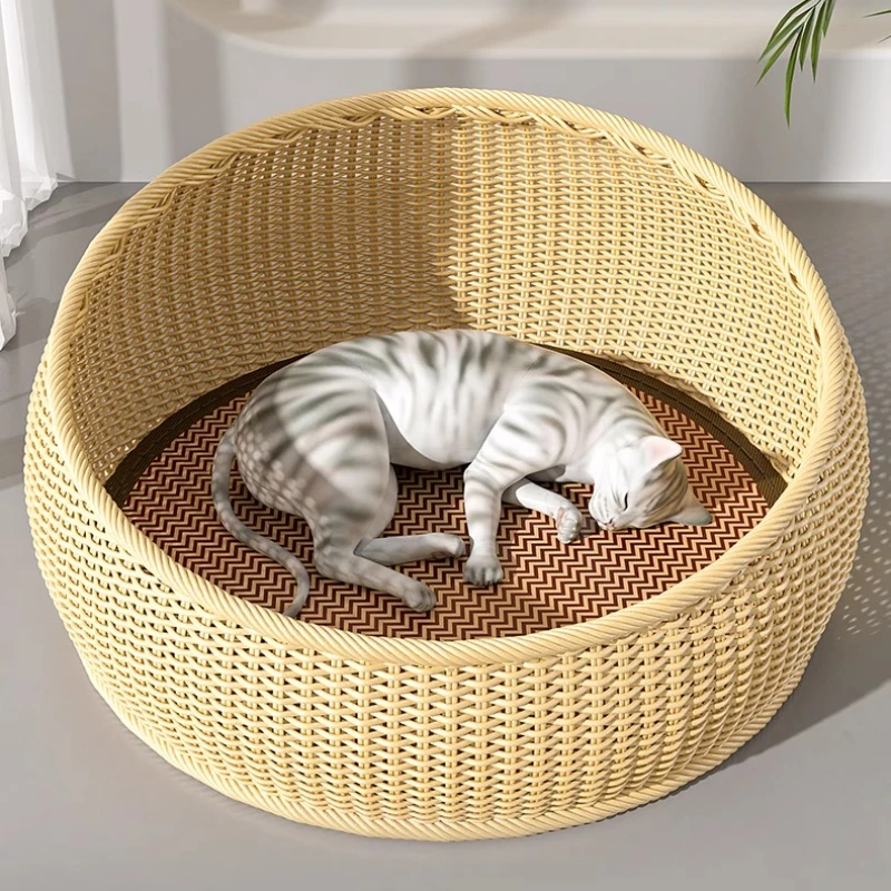 

Imitation Rattan Cat House All Season Semi-Enclosed Pet Shelter Breathable Summer Cat Cave Cozy Woven Kittens Bed for Indoor