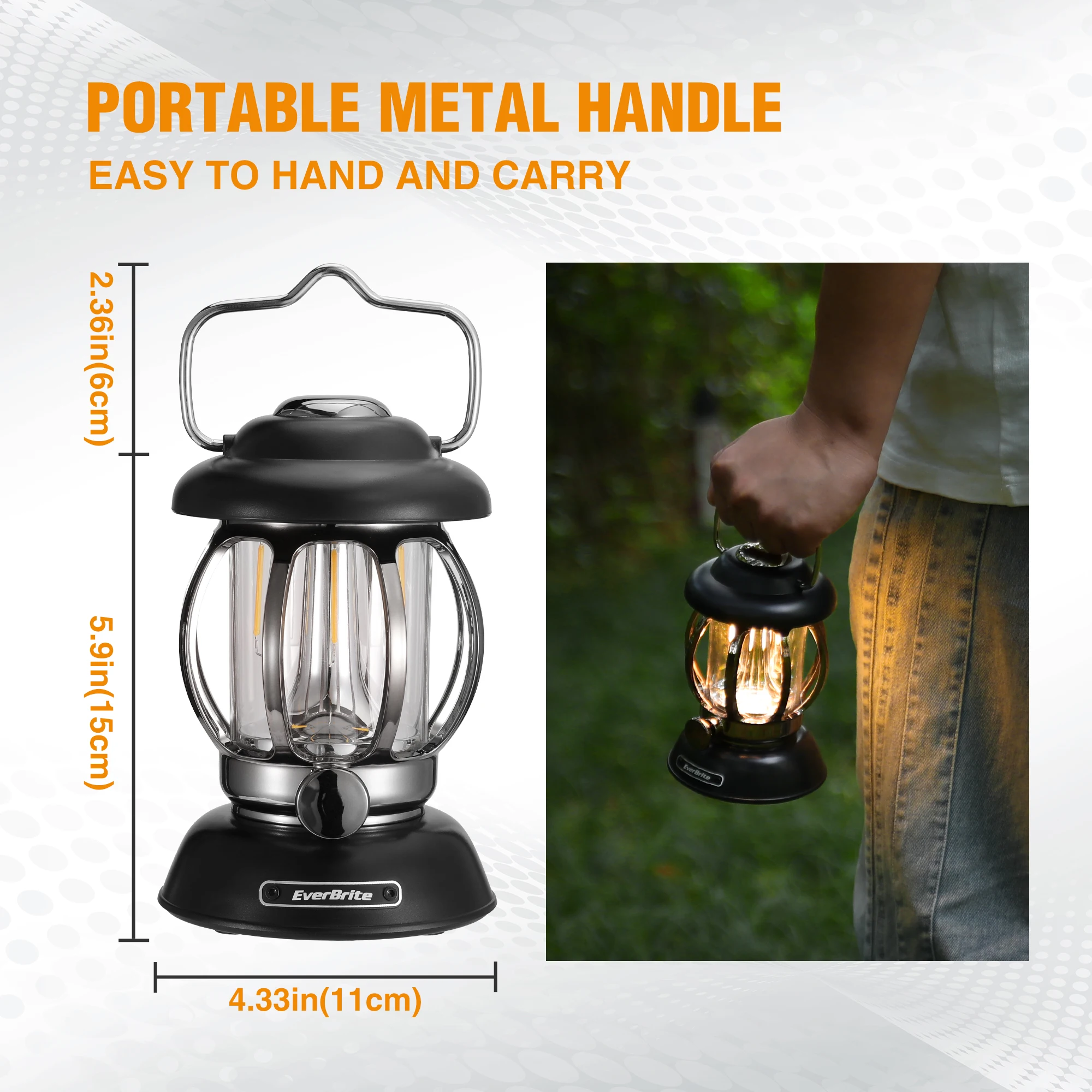 EverBrite Camping Lantern Rechargeable Retro Metal Camping Light 4400mAh Battery Powered Hanging Vintage Camping Lamp