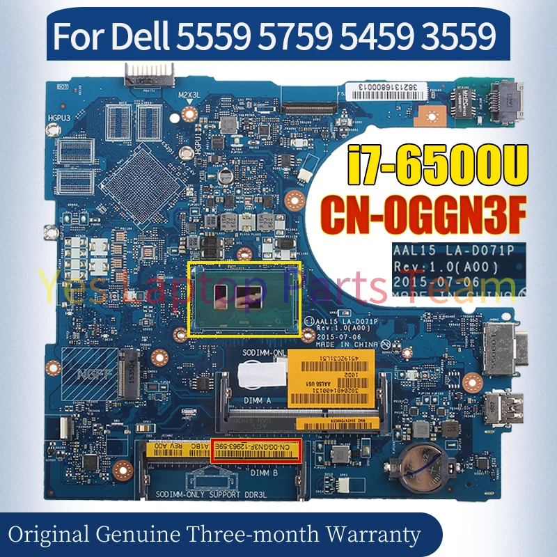 LA-D071P For Dell Inspiron 5559 5759 5459 3559 Laptop Mainboard CN-0GGN3F SR2EZ i7-6500U VGA Notebook Motherboard 100％ Tested