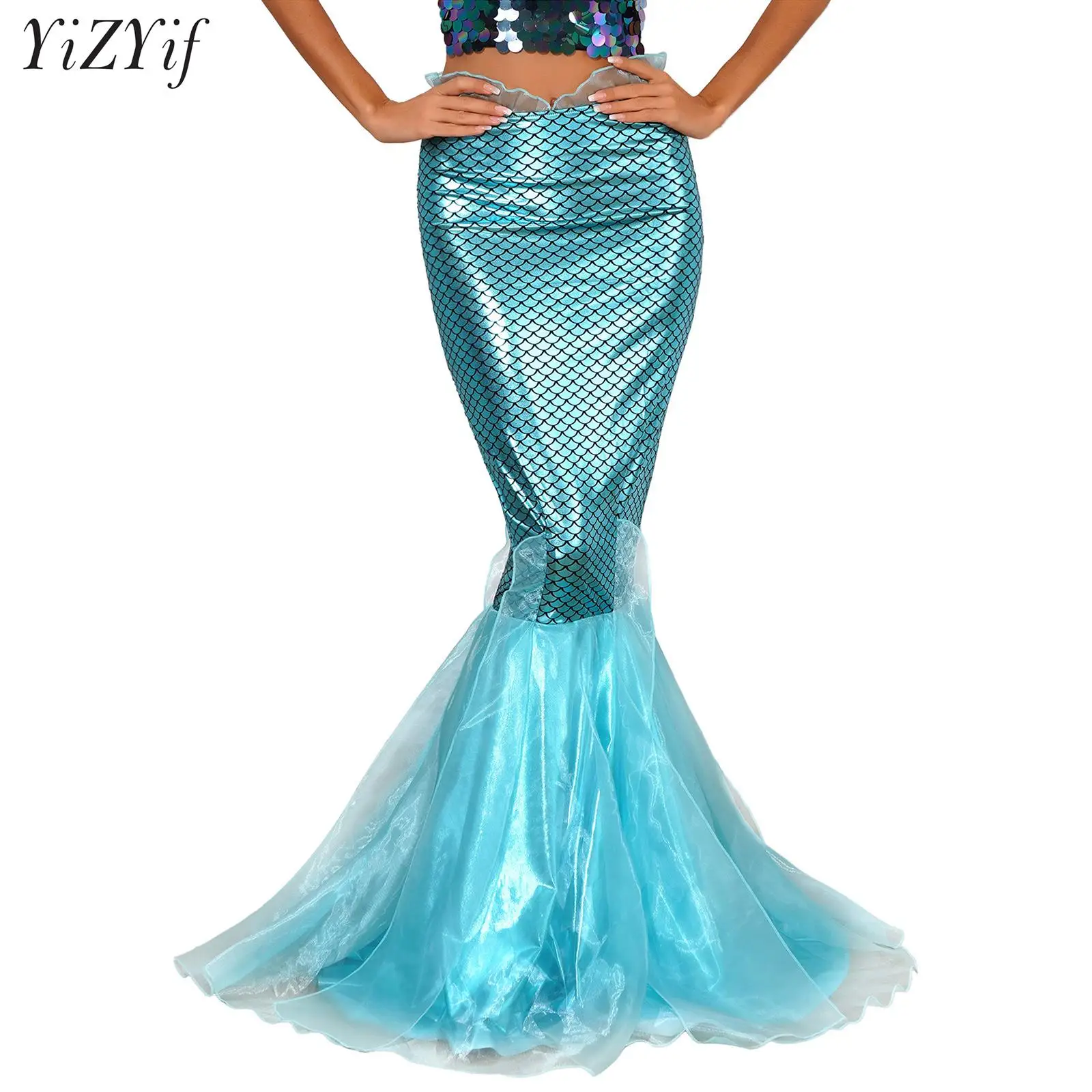 Mermaid Cosplay Costume for Women's Fish Scale Printed Fishtail Party Long Tail Skirts Mermaid Role Play Performance Costume