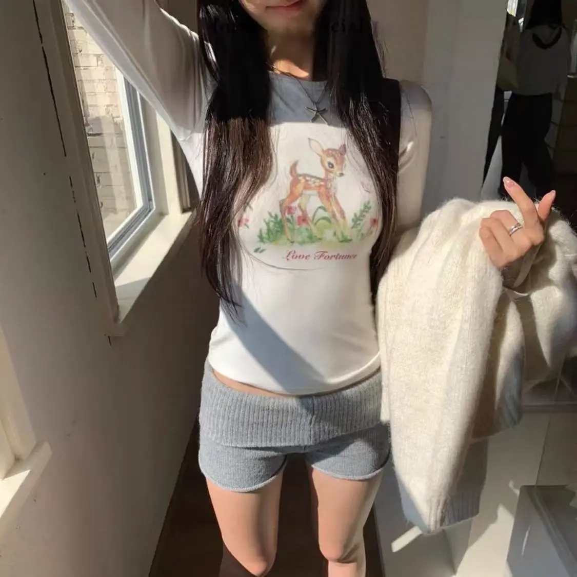 

Cute Deerlet Cartoon Printed Long Sleeve T-shirts American Sweet Hot Girls Slim Fit Cotton Blouse College Women Sexy Streetwear