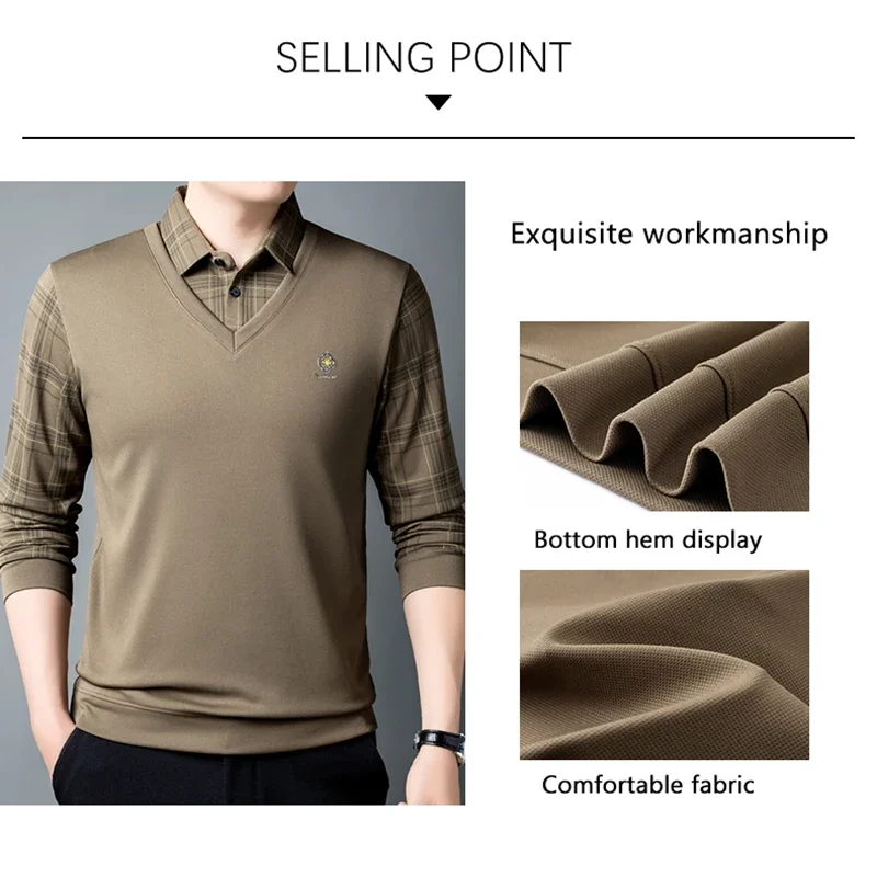 BROWON Brand Icon T-Shirts Man Spring Autumn 2026 New Plaid Striped Long Sleeve T Shirt for Men Turn Down Collar Casual Tops