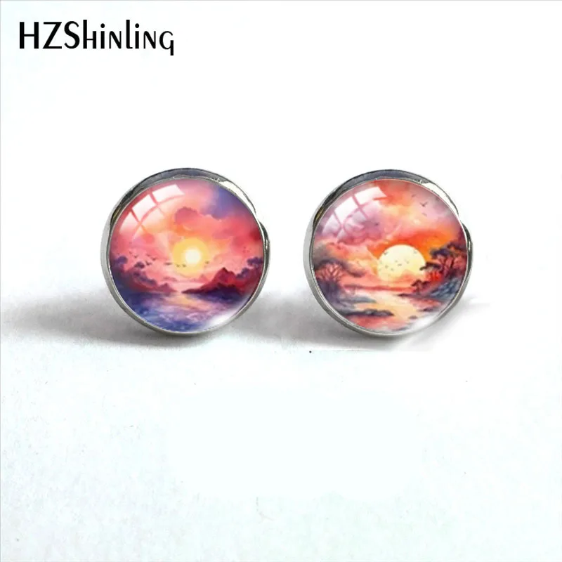 2023 New Sunny Landscape Stud Earring Sunset Round Earrings Handmade Glass Dome Photo Printed Jewelry Gifts