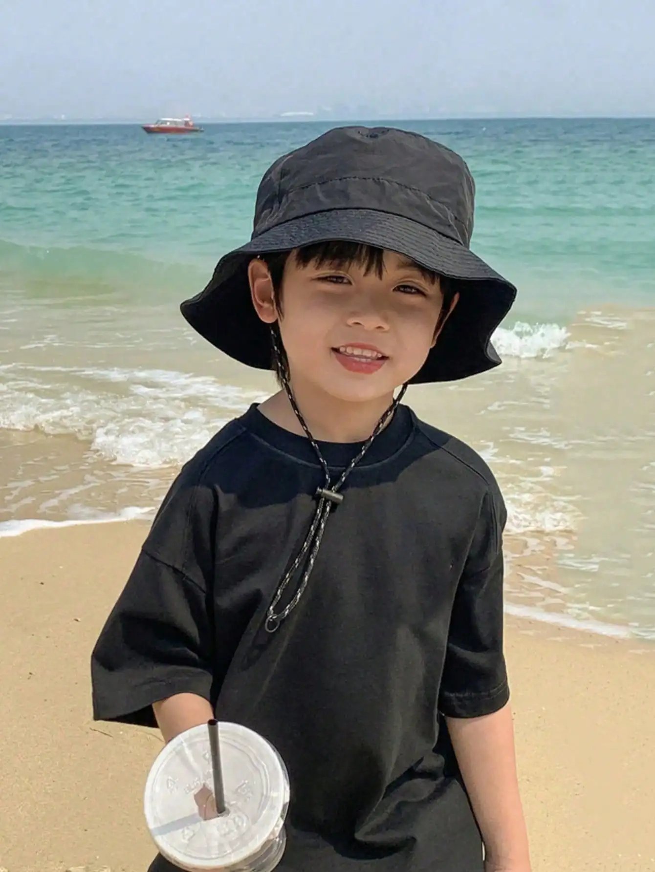 

Boys Black Adjustable Drawstring Bucket Hat Spring Summer Outdoor Sun Hat For Hiking Camping School Daily Play Fisherman's Hat