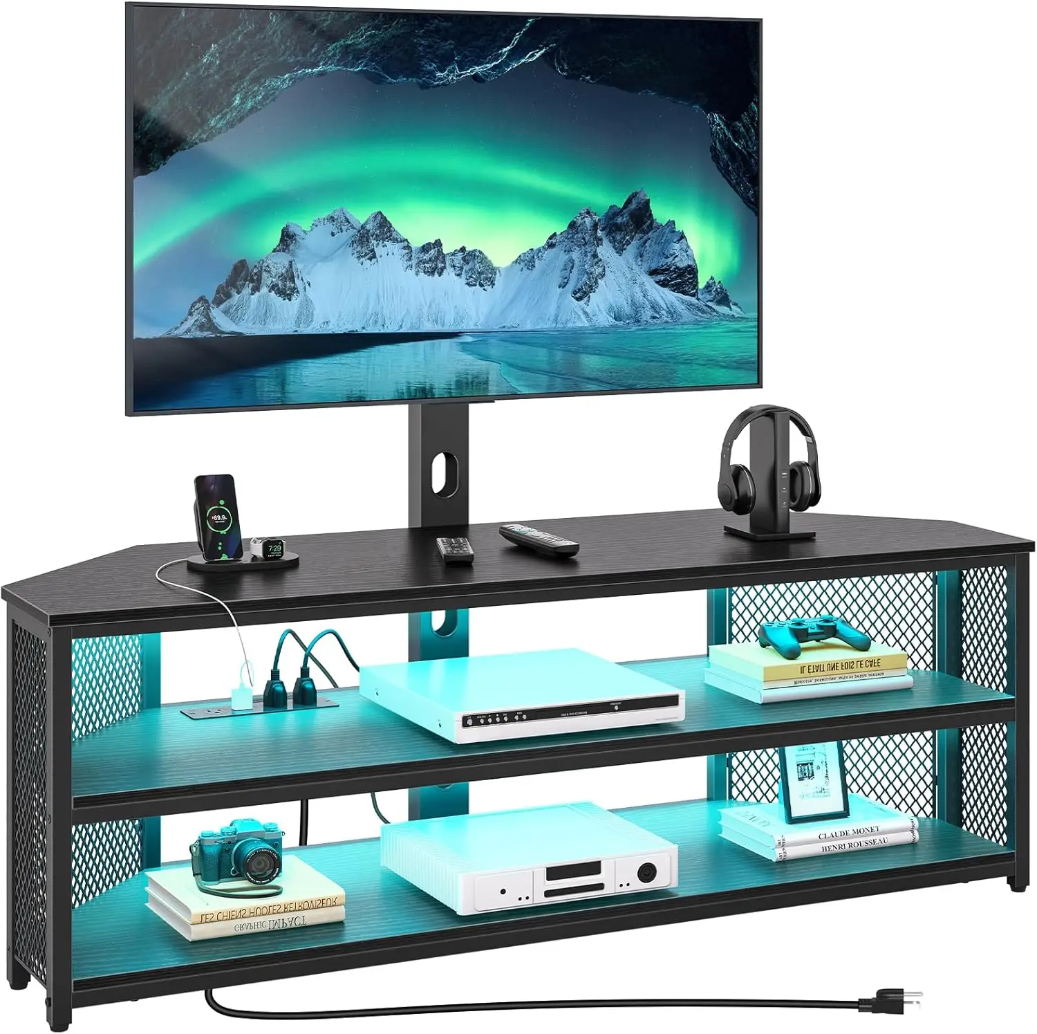 

Swivel TV Stand with LED Lights, Height Adjustable Mount for 32-70 inch TVs, Black Media Console with Power Outlet