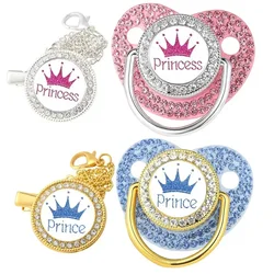 Luxury Rhinestones Baby Pacifier Chain Clips with Lid Princess Prince Crown Pacifiers Newborn Silicone Nipple Infant Shower Gift