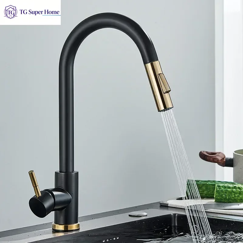 304 stainless steel kitchen pull-out Cold Hot faucet  Single Lever Mixer brushed gold black brushed model sink wash basin