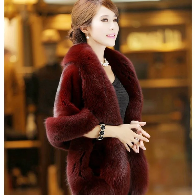 Women Fur Capes Shawl Ladies Fox Ponchos For Winter Batwing Sleeves Thick Bridal Wedding Short Cloak Red Burgundy White Gray