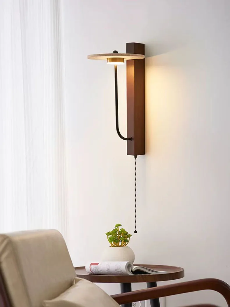 Creative Round Natural Stone Wall Light Dark Wood 3000K
