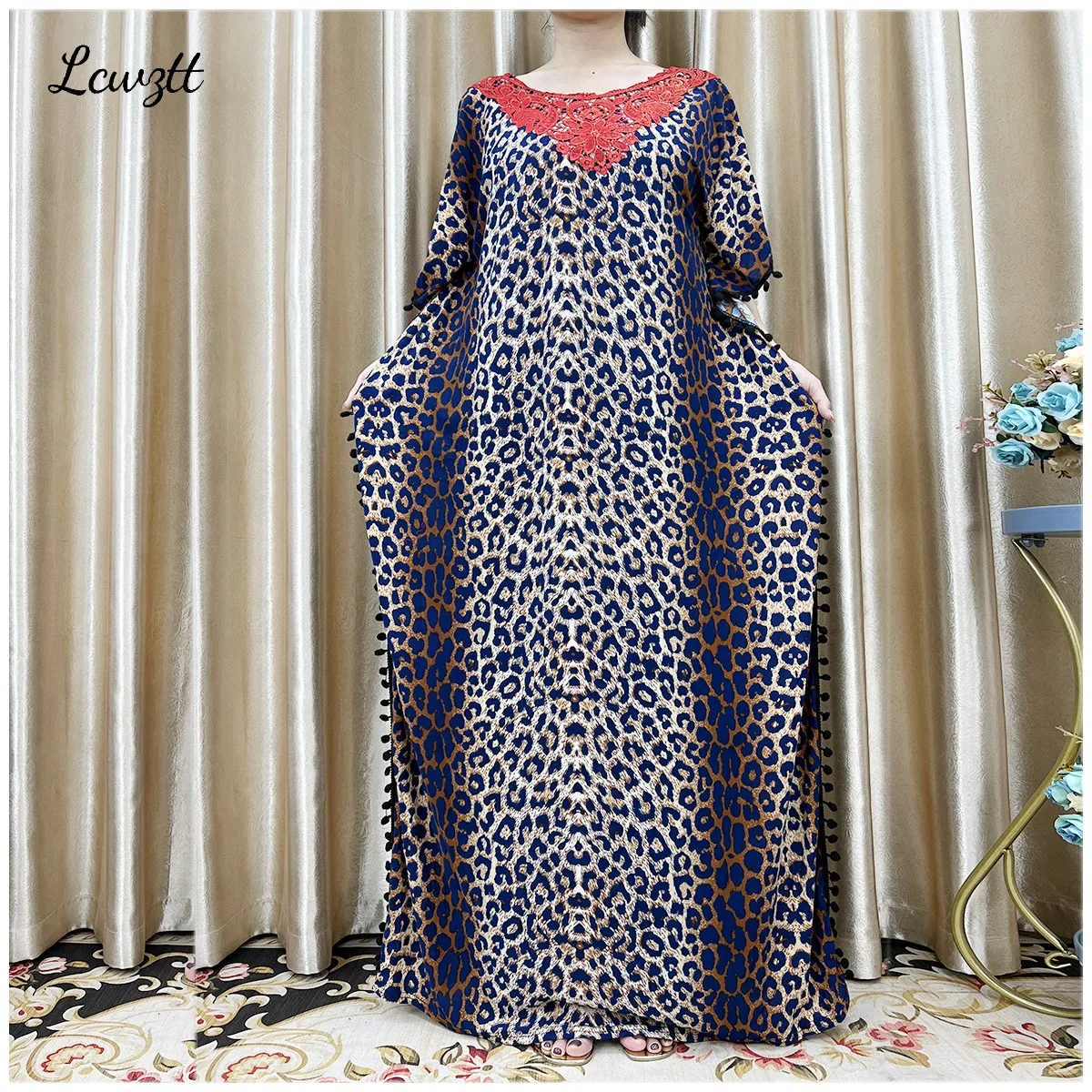 New Arrival Fashion African Women Loose Dress Muslim Large Casual Dress Elastic Fabric Stitching Pearl Diamond Decorative Style