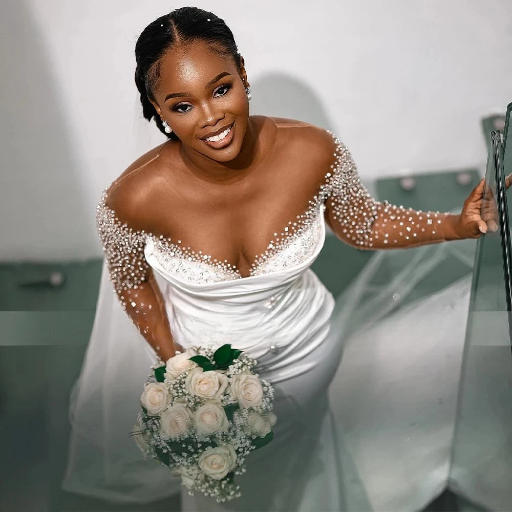African Luxury Wedding Dress Pearls Long Sleeves White Satin Wedding Gowns for Women 2026 Bride Mermaid/Trumpet Bridal Dresses