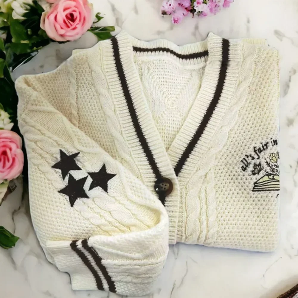 Spring New Star Embroidery V-neck Single Breasted Causal Women Cardigan American Vintage Loose Knitted Sweater Coat Y2k Top