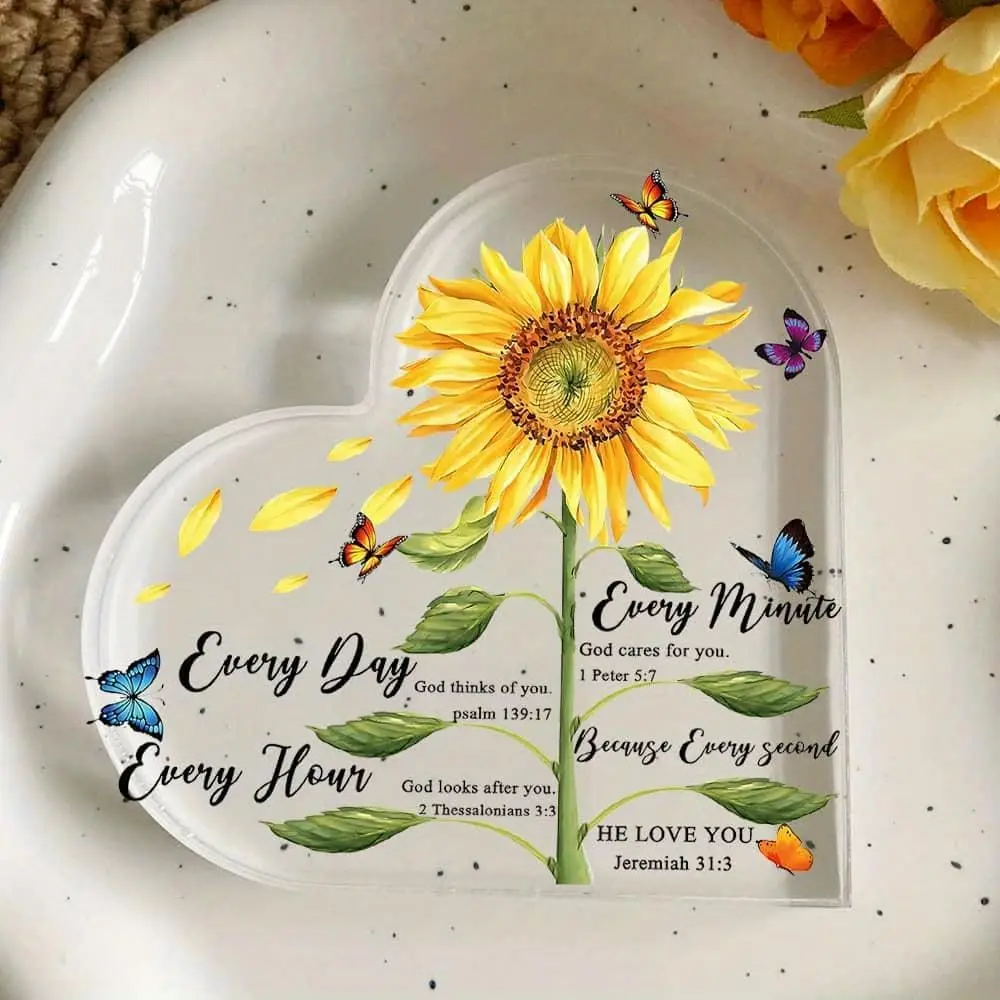 Heart‑Shaped Acrylic Plaque Sunflower Butterfly Bible Verse Freestanding Christian Inspirational Keepsake Gift