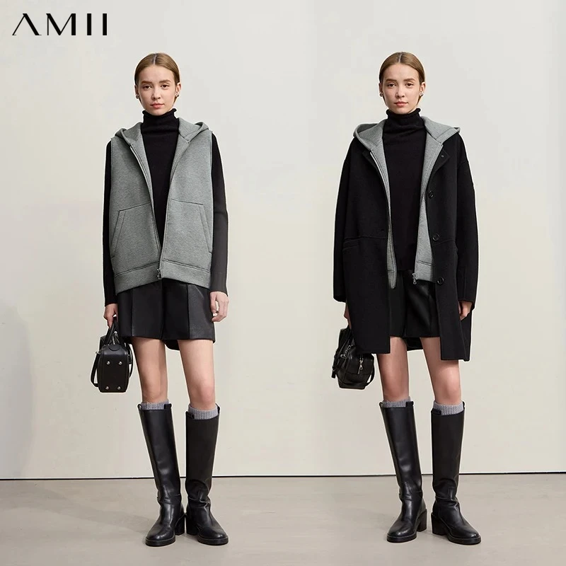 Amii Women's Coat 2026 Winter New Versatile Single Breasted Double-sided Woolen Coat Hooded Knitted Vest Two-piece Set 12524131