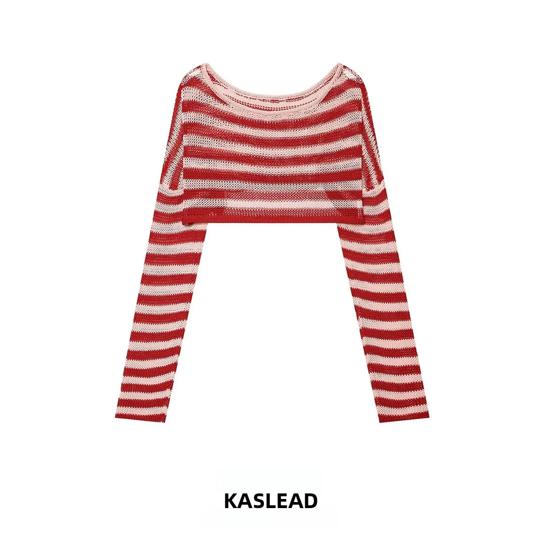 KASLEAD New Fashionable Short Knitwear Women's Striped Top Loose Fit Color Block Polyester Long Sleeve round Neck Summer 2026