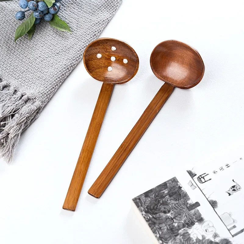 Japanese Style Long Handle Wooden Spoon Colander Utensils Ramen Soup Scoop Tableware Kitchen Tool Durable Anti Deformation