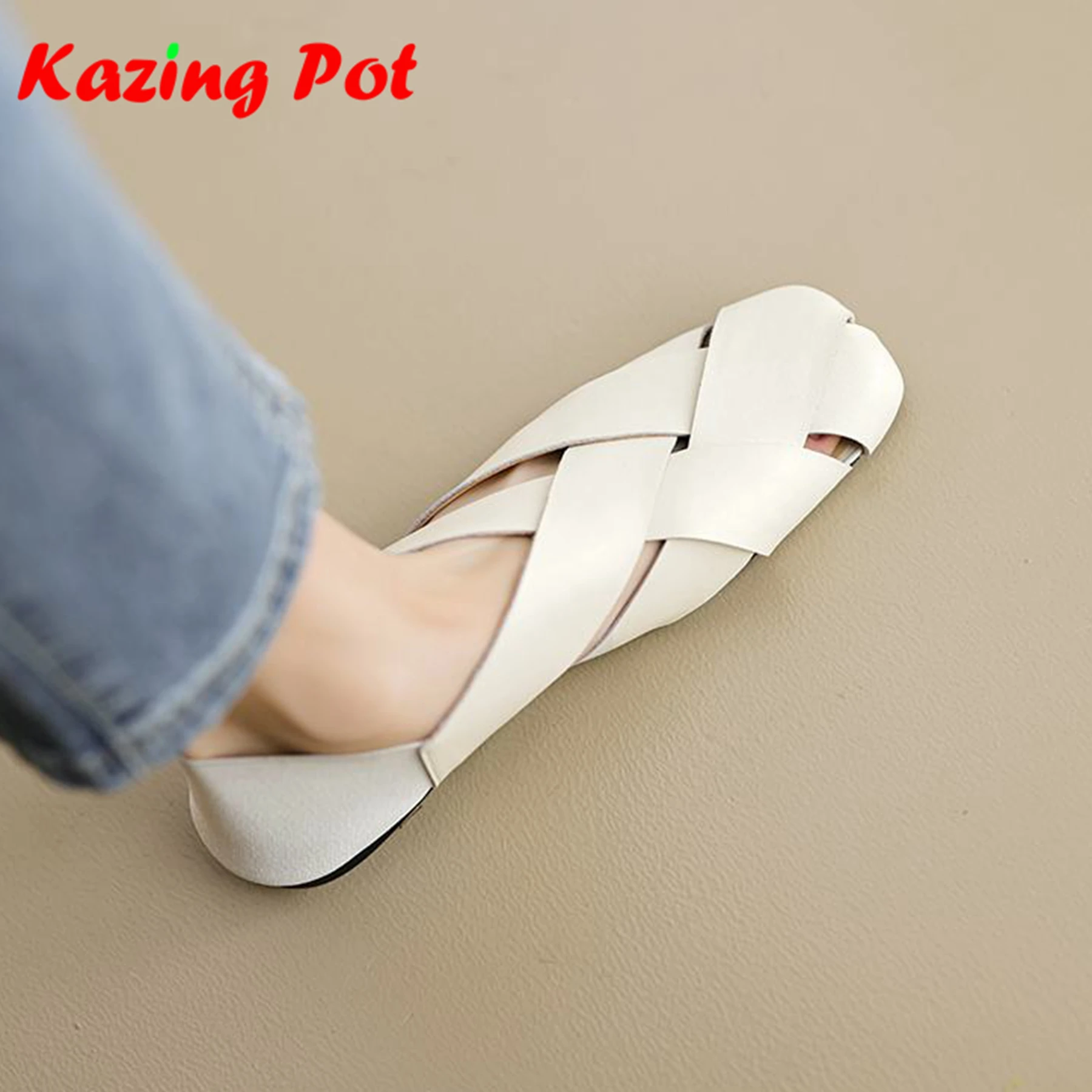 

Krazing Pot Cow Leather High Quality Square Toe Women Summer Modern Street Wear Hollow Decoration Casual Weaving Style Ins Flats