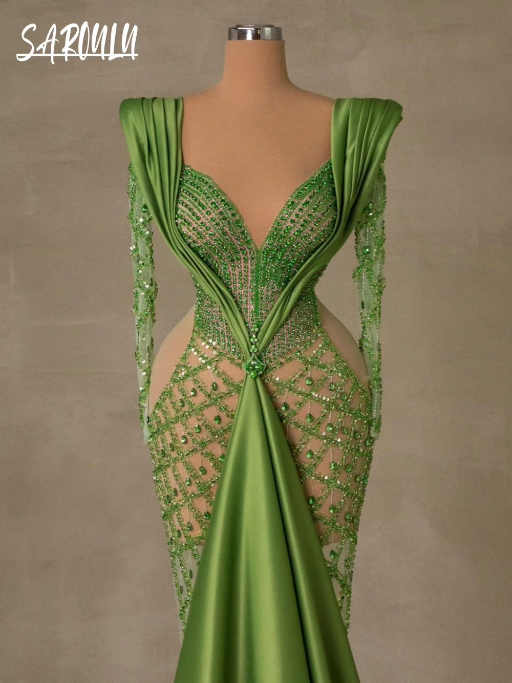 

Green Fashion Embroidery Beaded Evening Dress Luxurious Cut Out Cocktail Mermaid Customized Sexy Satin Party Formal Prom Gown