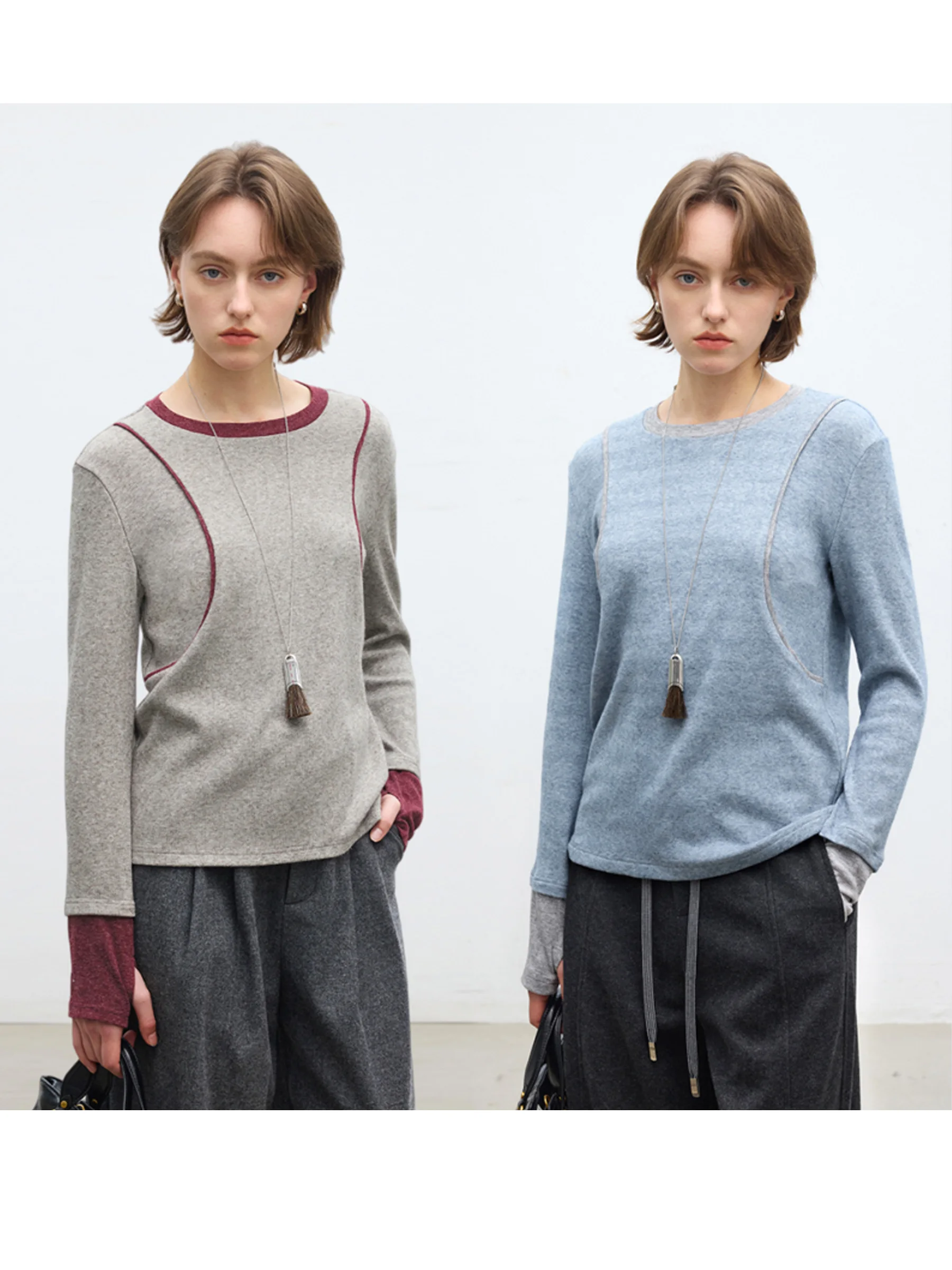 

DotDrobe Women's Long Sve T-irt Cotton Polyester Blend Elastic Casual Loose Fit round Ne Two Tone Color Blo Base irt